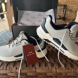 SUN DAY RED Men’s White Blue and Grey golf shoes with Navy Trim